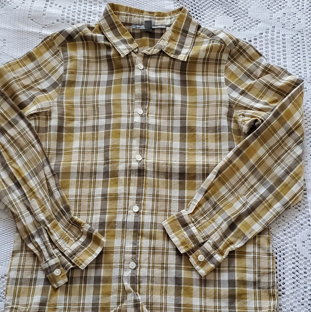 Bonpoint 🍒 green/grey plaid button down, size 6